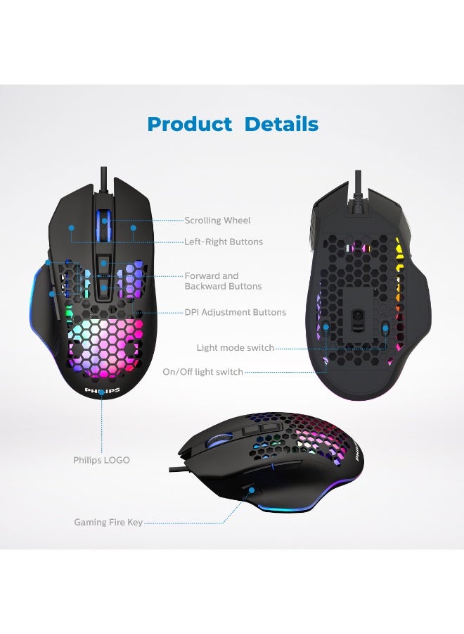 Philips Wired Gaming Mouse – 6400 DPI Optical Sensor, 9 Programmable Buttons, 7-Way RGB Lighting, 6600 FPS, High-Precision Ergonomic Design , Black - Image 5